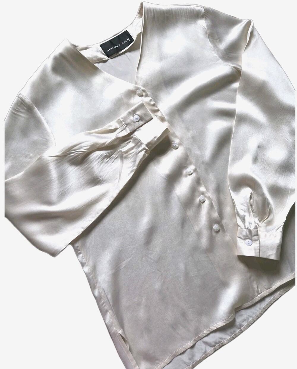 August Silk Ivory 100% Silk Blouse Button Front Long Sleeve Minimalist Top No Sz